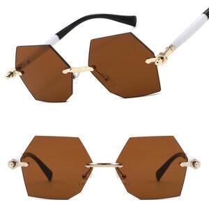 Elegant Gold and White Geometric Sunglasses Womens Trendy Rimless Hexagon Tinted